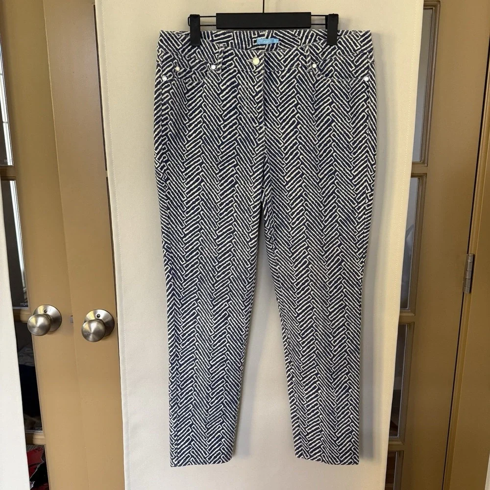 J. McLaughlin Womens 10 Blue White Mid‎ Rise Lexi Geometric Print Denim Jeans